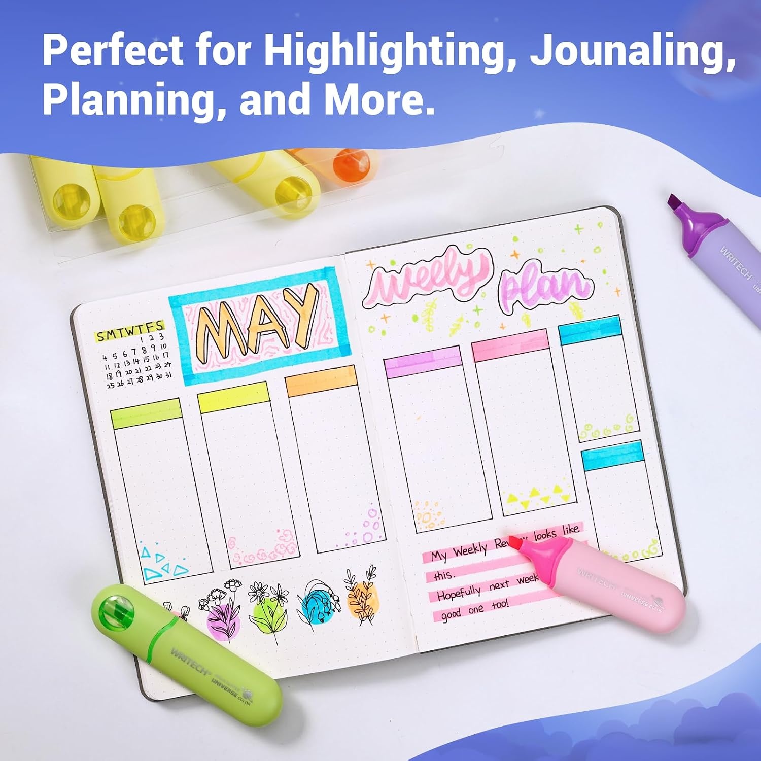 image:imageWRITECH Aesthetic Chisel Tip Highlighters Assorted Neon Colors Cute Marker Pens Soft Tip Multi Colored No Bleed Smudge Smear for Highlighting Journaling Drawing 8ctNeon