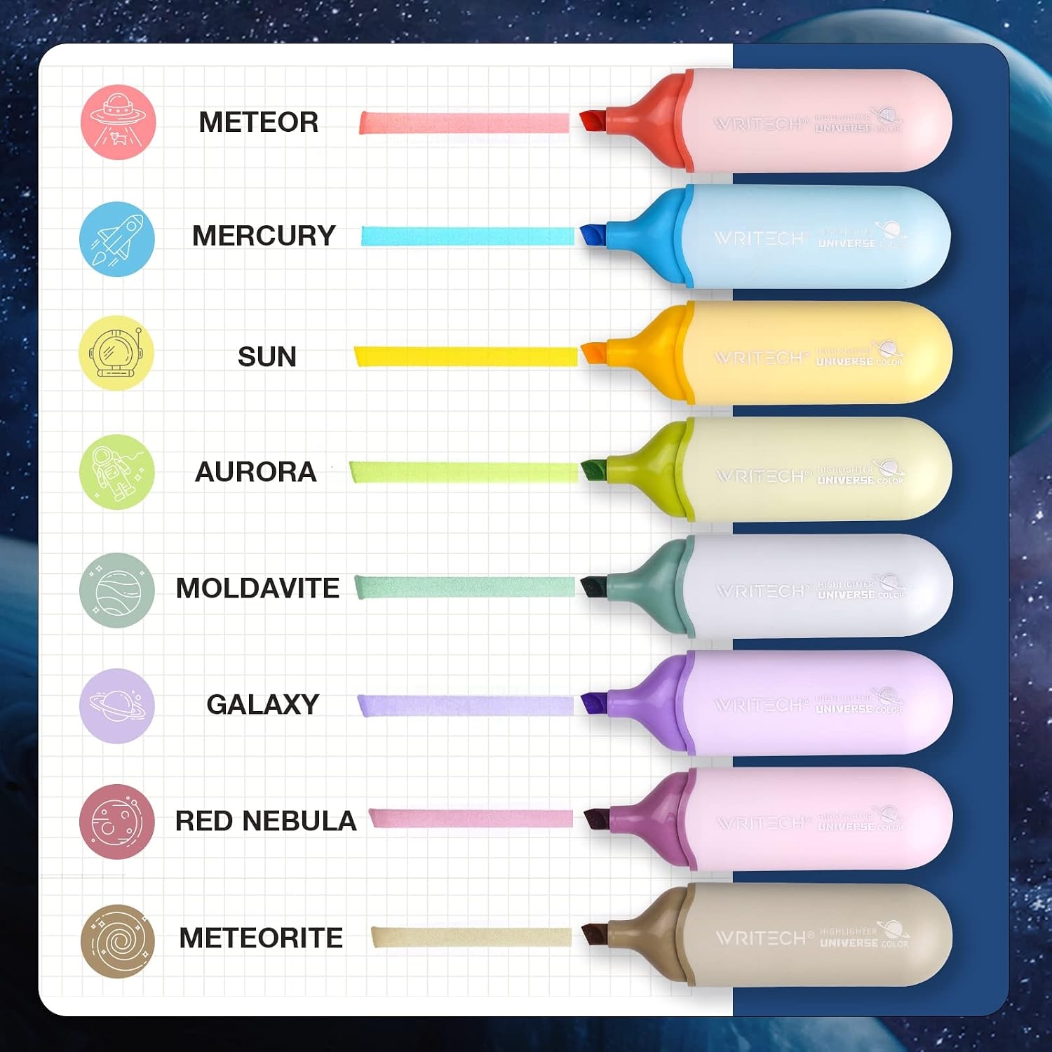 image:imageWRITECH Aesthetic Chisel Tip Highlighters Assorted Pastel Colors Cute Marker Pens Soft Tip Multi Colored No Bleed Smear Water Based Bible Highlighter Set for Underline Highlighting Journaling 8ct