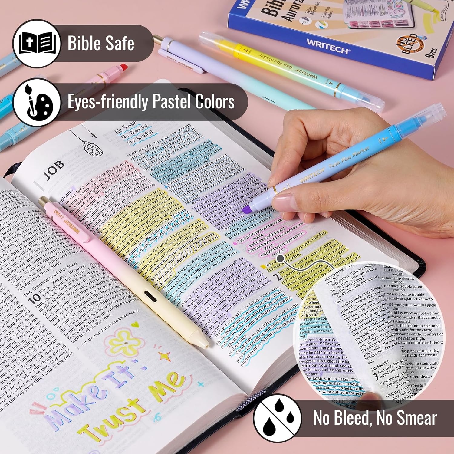 image:imageWRITECH Bible Mate Journaling Set No Bleed Bible Highlighters amp 07mm Black Ink Ballpoint Pens FastDrying Ink Pastel Colors Highlighter Journaling Kit 9ctMulticolor10mm