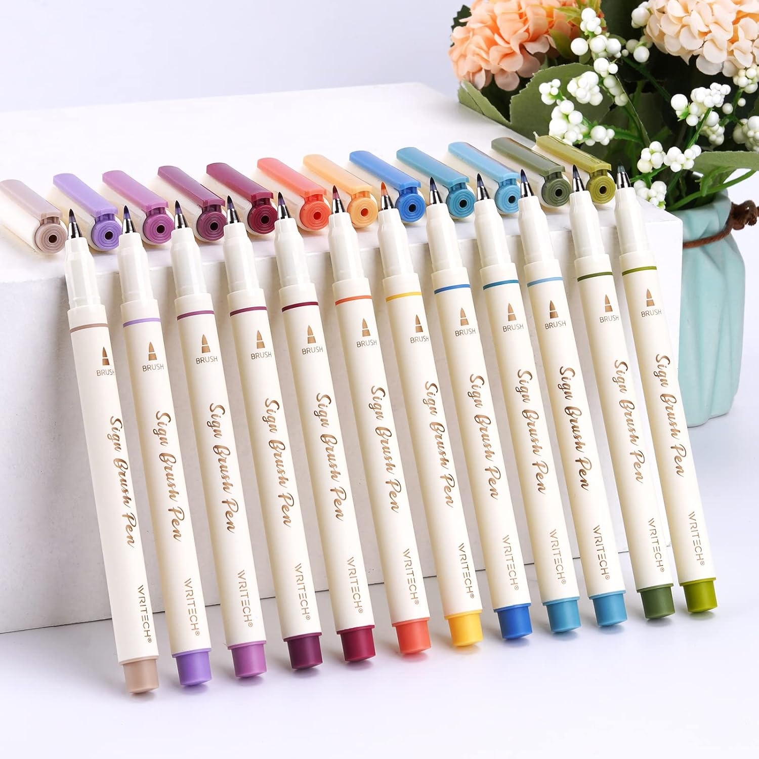 image:imageWRITECH Brush Tip Marker Pens Artist Markers Flexible Tip Water Based 12ct Assorted Colors for Journaling Adult Coloring Hand Lettering Calligraphy Drawing Vibrant ColoredVintage