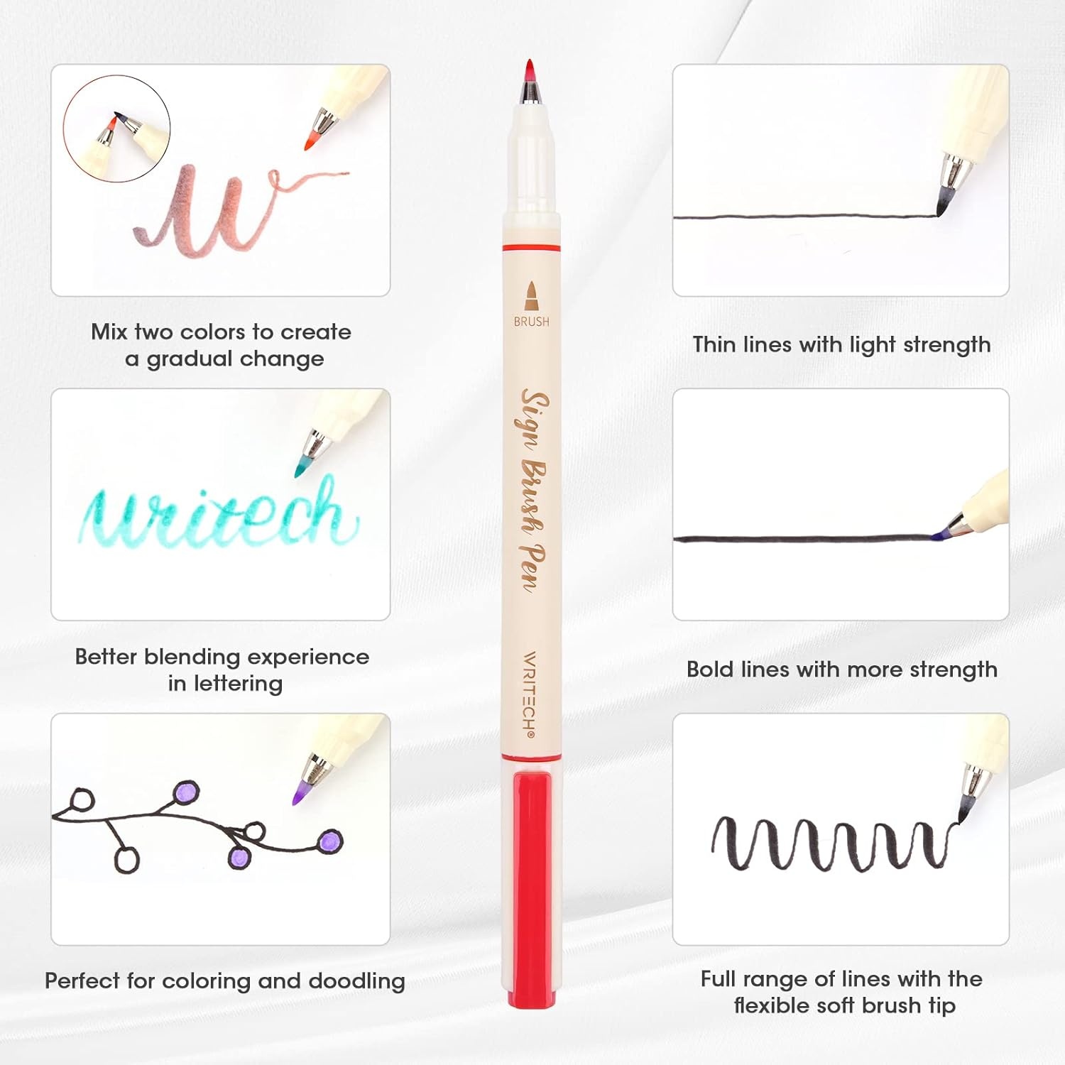 image:imageWRITECH Brush Tip Marker Pens Artist Markers Flexible Tip Water Based 12ct Assorted Colors for Journaling Adult Coloring Hand Lettering Calligraphy Drawing Vibrant ColoredVibrant