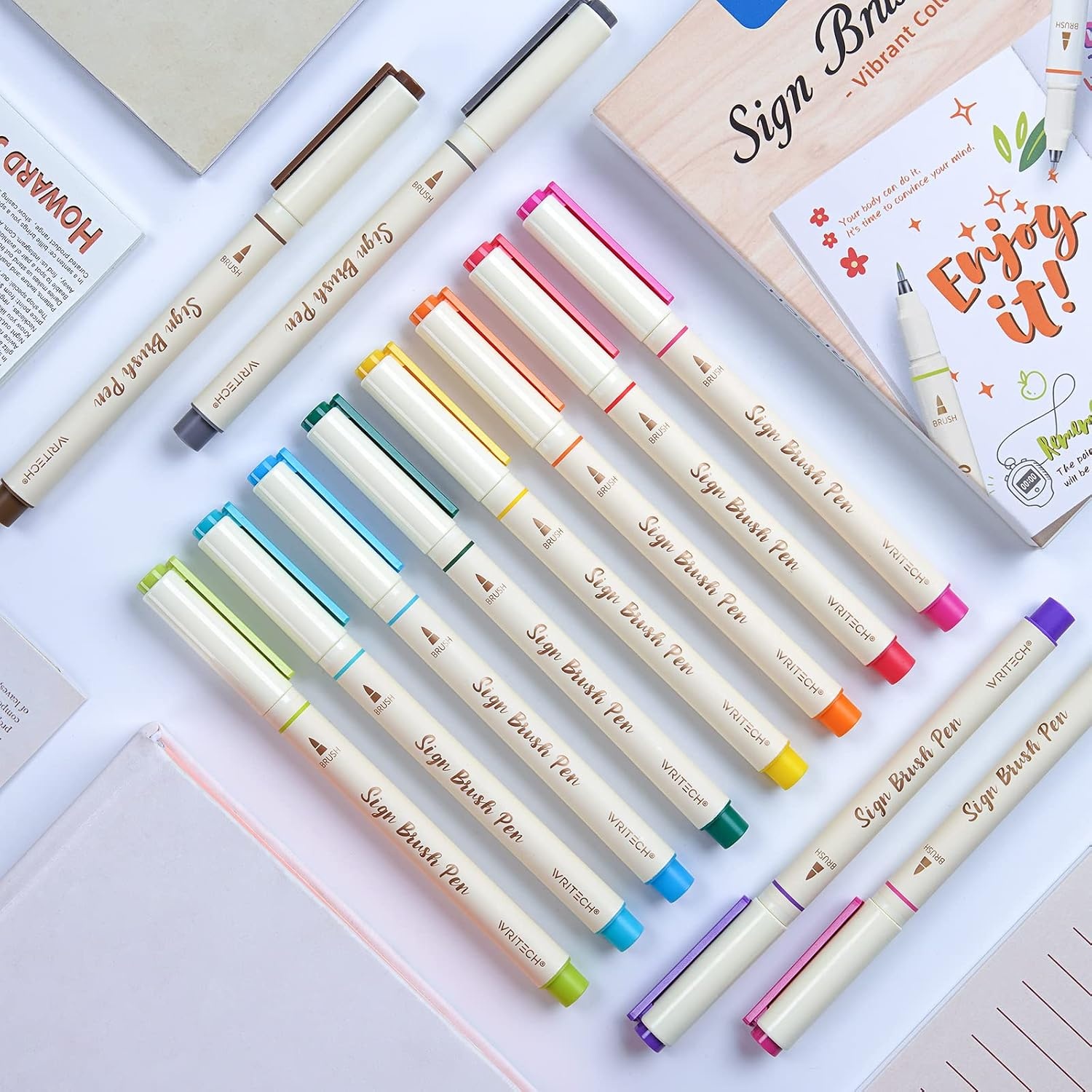 image:imageWRITECH Brush Tip Marker Pens Artist Markers Flexible Tip Water Based 12ct Assorted Colors for Journaling Adult Coloring Hand Lettering Calligraphy Drawing Vibrant ColoredVibrant