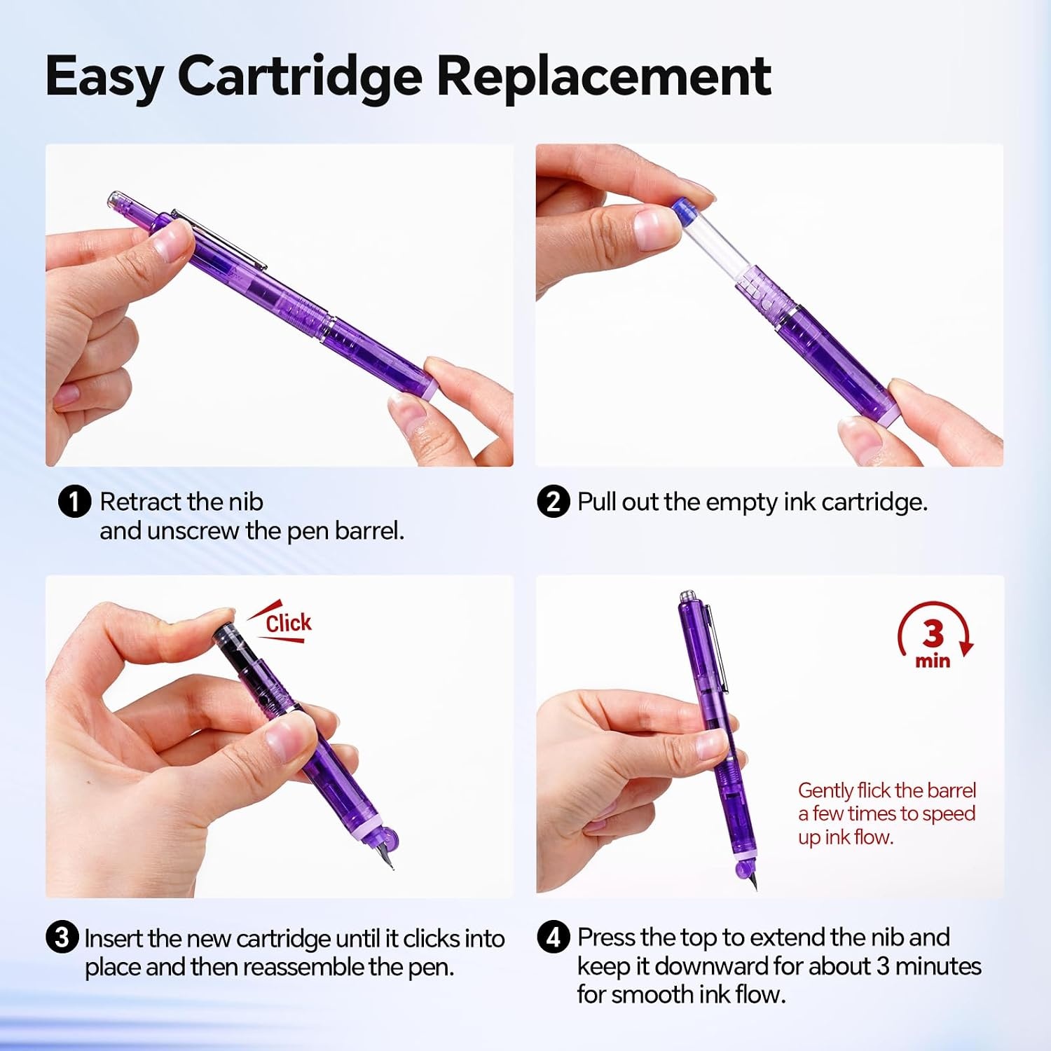 image:imageWRITECH Clictek Fountain Pen Retractable Medium Nib Black Ink Includes 10 Refillable Cartridges No Leaking Smooth Writing Perfect for Office Journaling Beginners Gift
