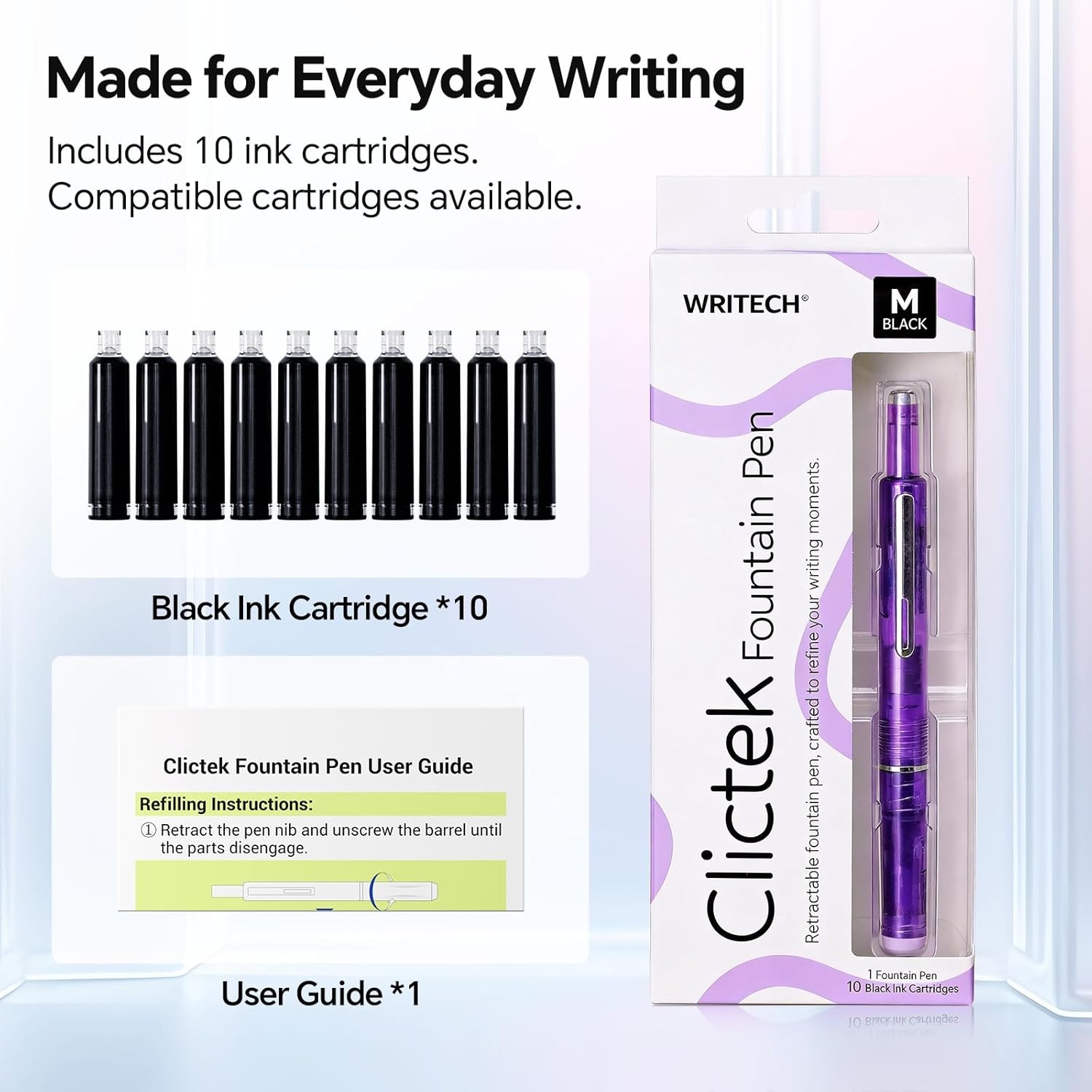 image:imageWRITECH Clictek Fountain Pen Retractable Medium Nib Black Ink Includes 10 Refillable Cartridges No Leaking Smooth Writing Perfect for Office Journaling Beginners Gift