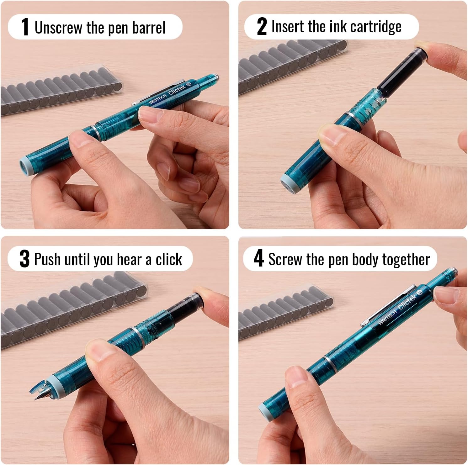 image:imageWRITECH Fountain Pen Fine Nib Retractable Black Ink Pens Set Includes 5 Ink Cartridges Smooth Writing for Calligraphy Sketching Journaling Gift Purple16ct Blue Cartridges