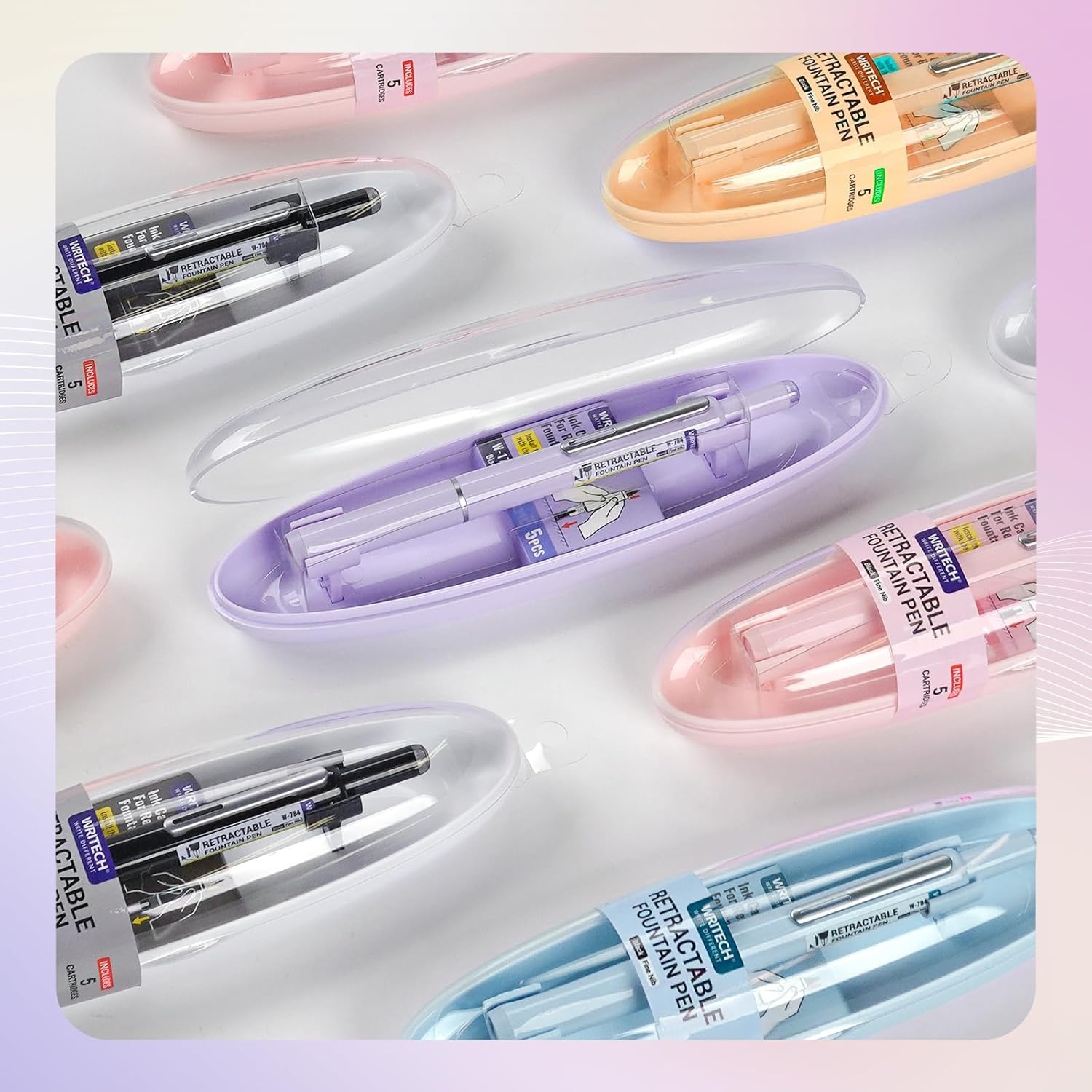 image:imageWRITECH Fountain Pen Fine Nib Retractable Black Ink Pens Set Includes 5 Ink Cartridges Smooth Writing for Calligraphy Sketching Journaling Gift PurpleSoft Pink Pen