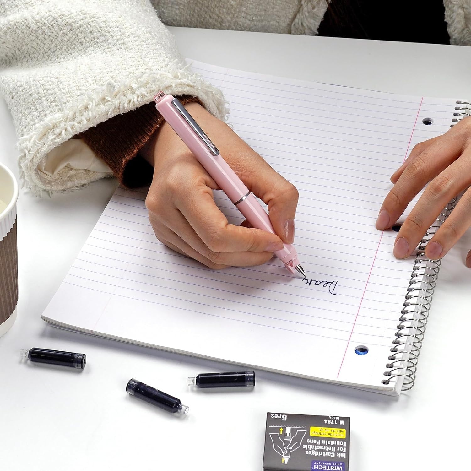 image:imageWRITECH Fountain Pen Fine Nib Retractable Black Ink Pens Set Includes 5 Ink Cartridges Smooth Writing for Calligraphy Sketching Journaling Gift PurpleSoft Pink Pen