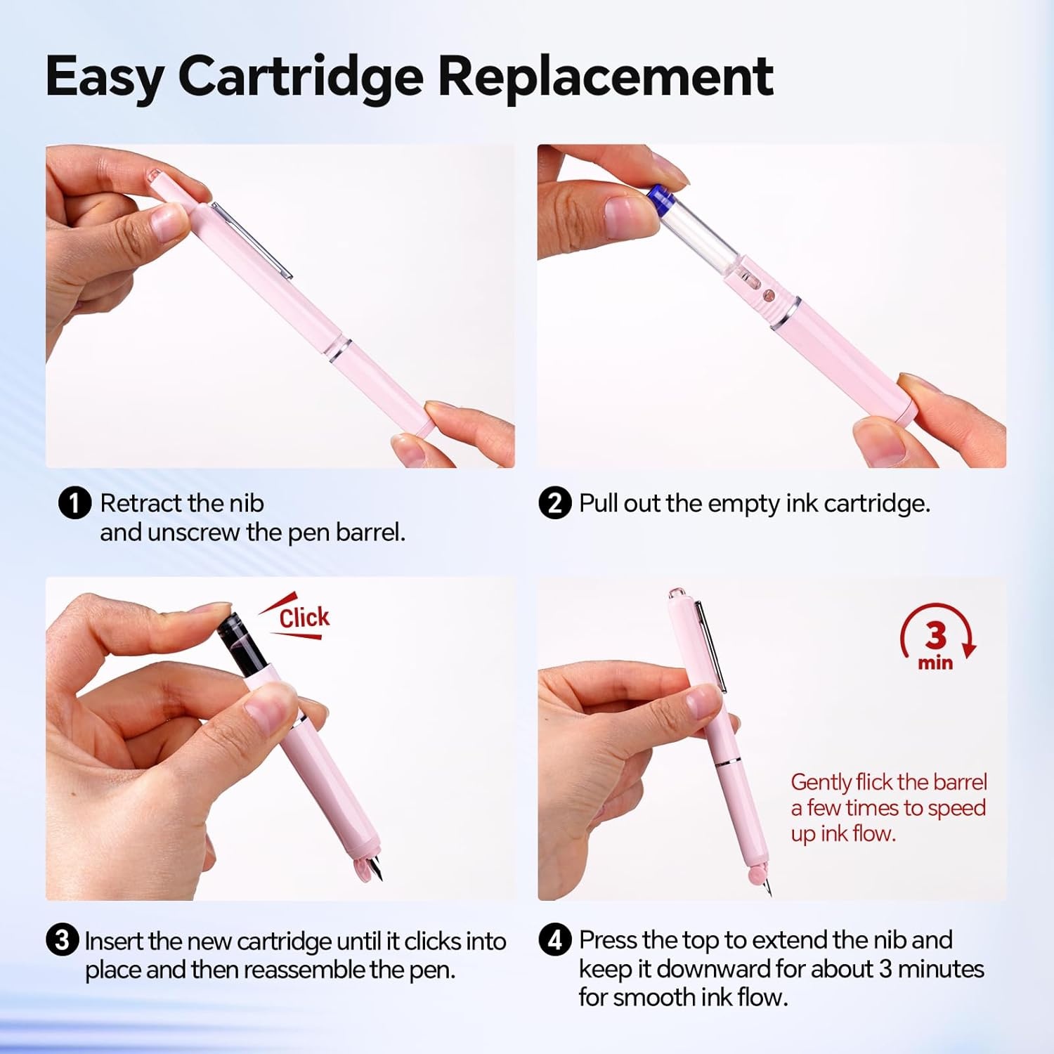 image:imageWRITECH Fountain Pen Fine Nib Retractable Black Ink Pens Set Includes 5 Ink Cartridges Smooth Writing for Calligraphy Sketching Journaling Gift PurpleSoft Pink Pen