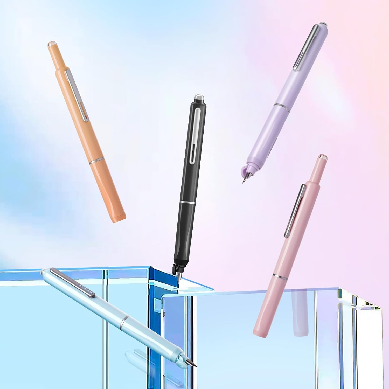image:imageWRITECH Fountain Pen Fine Nib Retractable Black Ink Pens Set Includes 5 Ink Cartridges Smooth Writing for Calligraphy Sketching Journaling Gift PurpleSoft Pink Pen