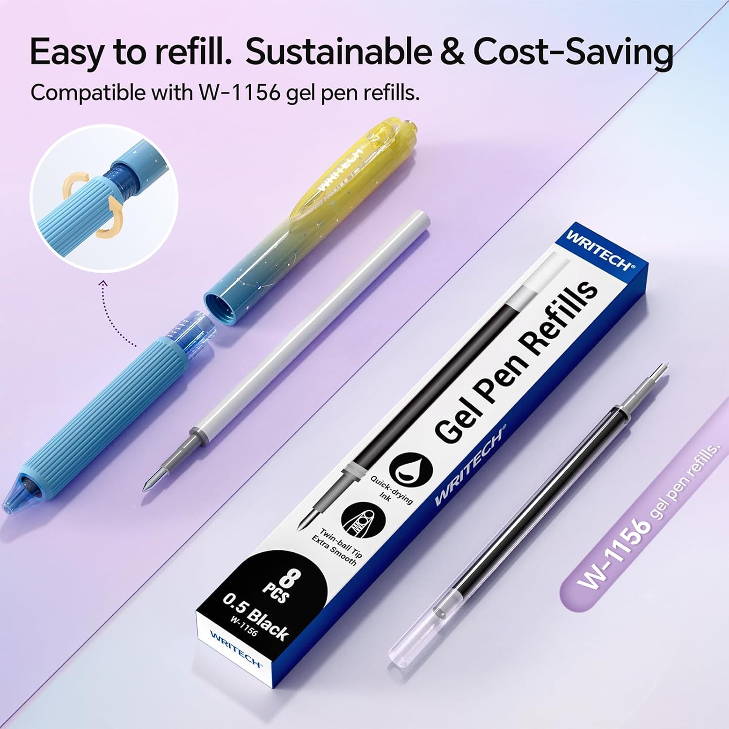 image:imageWRITECH Gel Pens Fine Point 05mm Multicolor Ink Retractable 8ct Smooth Writing No Smear for Journaling Drawing Note Taking Silent Click Assorted Colored Pen Set 8ct Juice colorBlue
