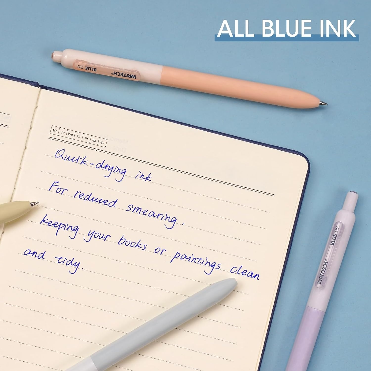 image:imageWRITECH Gel Pens Fine Point Retractable 05mm Blue Ink Silent Click Extra Fine No Smear Smudge Smooth Writing Pen 8ct Bullet Tip Non Bleed for JournalingBlue