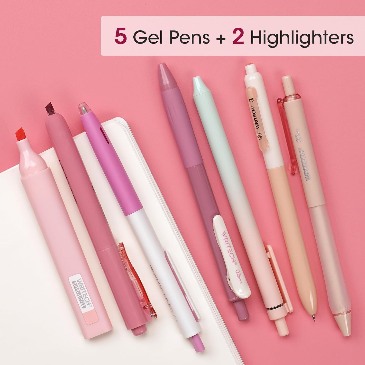 image:imageWRITECH Gel Pens Journaling Highlighters Journal Set Aesthetic Assorted Pastel Color Ink 05mm Fine Point Retractable 07mm Black Pen Smooth Writing Drawing No Bleed 7ct PurplePink