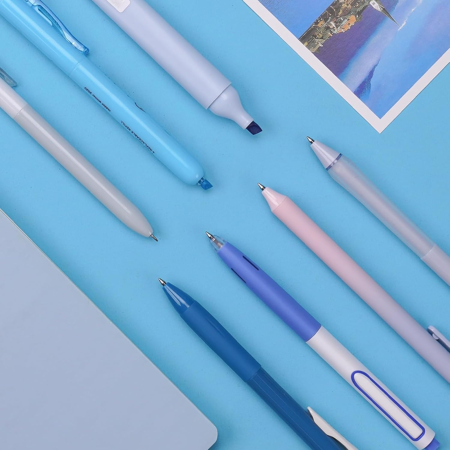 image:imageWRITECH Gel Pens Journaling Highlighters Journal Set Aesthetic Assorted Pastel Color Ink 05mm Fine Point Retractable 07mm Black Pen Smooth Writing Drawing No Bleed 7ct PurpleBlue