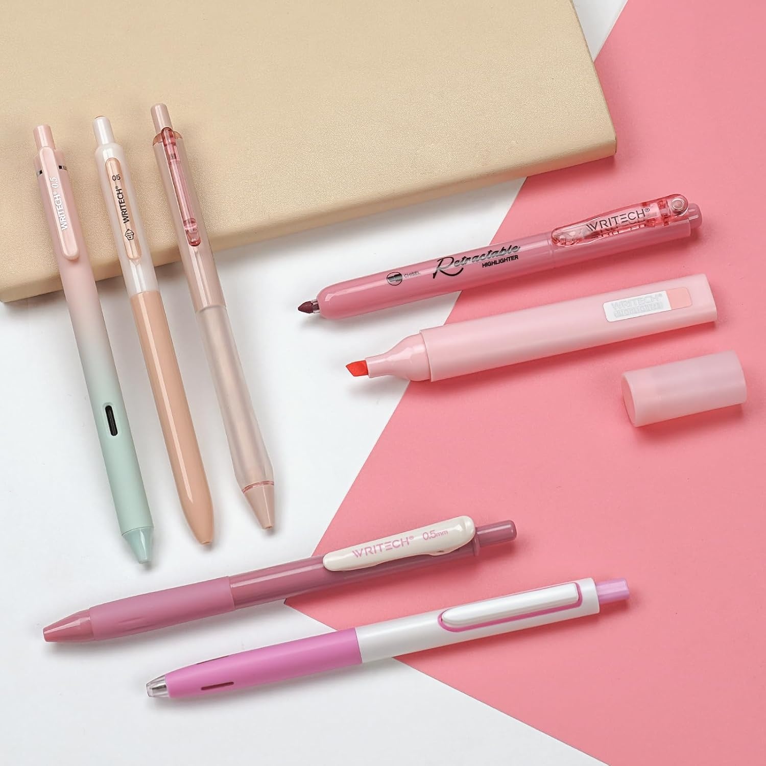 image:imageWRITECH Gel Pens Journaling Highlighters Journal Set Aesthetic Assorted Pastel Color Ink 05mm Fine Point Retractable 07mm Black Pen Smooth Writing Drawing No Bleed 7ct PurplePink