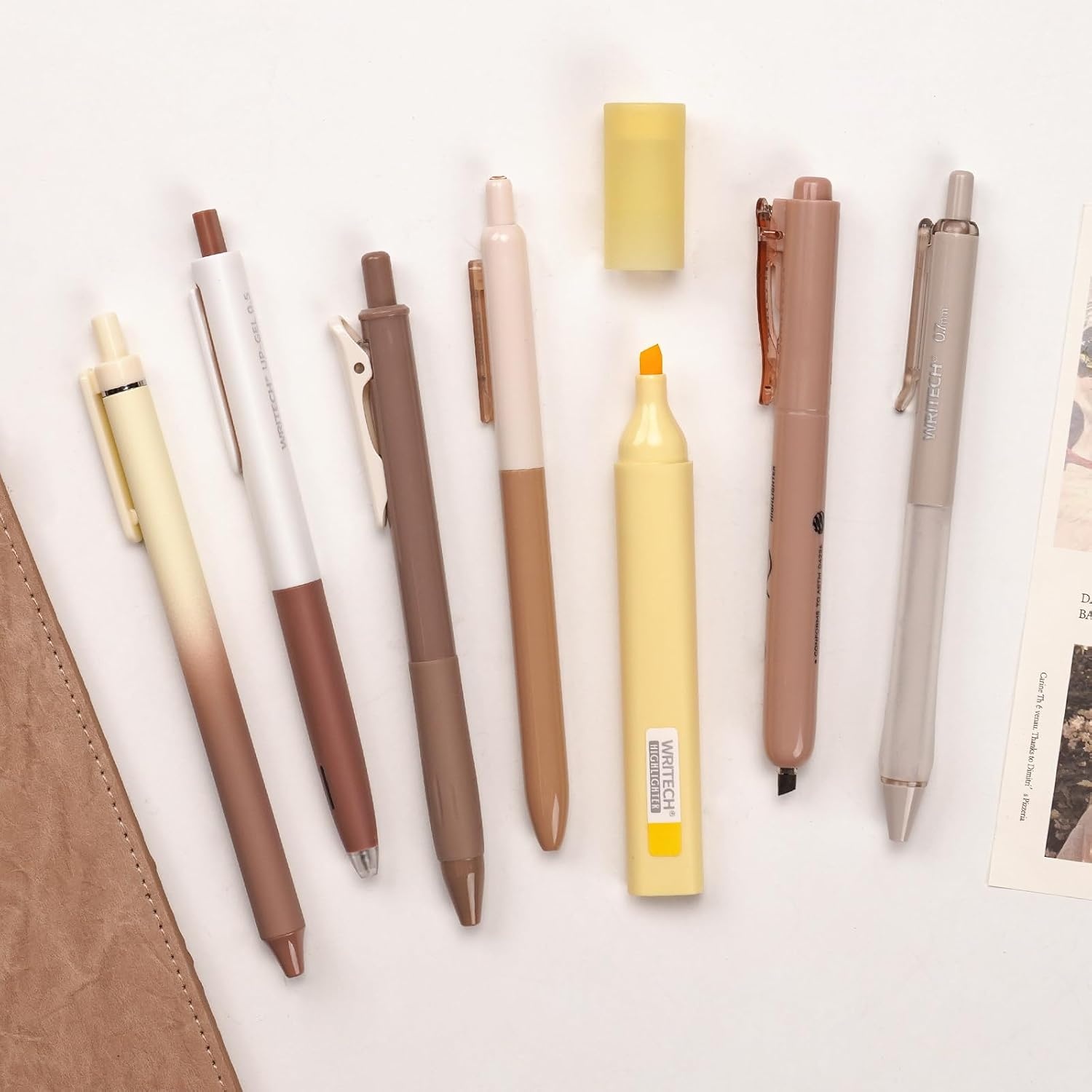 image:imageWRITECH Gel Pens Journaling Highlighters Journal Set Aesthetic Assorted Pastel Color Ink 05mm Fine Point Retractable 07mm Black Pen Smooth Writing Drawing No Bleed 7ct PurpleBrown