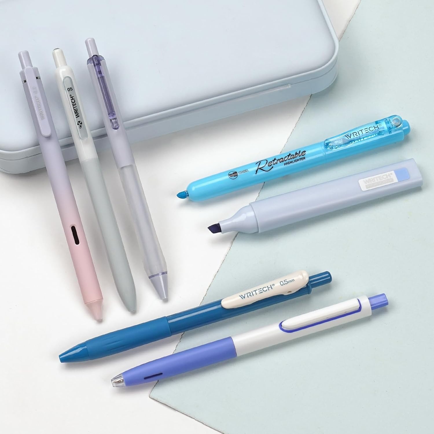 image:imageWRITECH Gel Pens Journaling Highlighters Journal Set Aesthetic Assorted Pastel Color Ink 05mm Fine Point Retractable 07mm Black Pen Smooth Writing Drawing No Bleed 7ct PurpleBlue