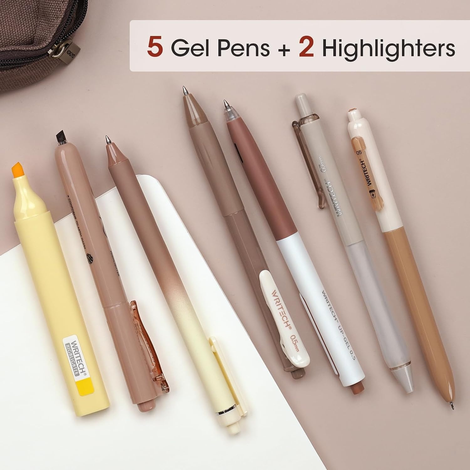 image:imageWRITECH Gel Pens Journaling Highlighters Journal Set Aesthetic Assorted Pastel Color Ink 05mm Fine Point Retractable 07mm Black Pen Smooth Writing Drawing No Bleed 7ct PurpleBrown