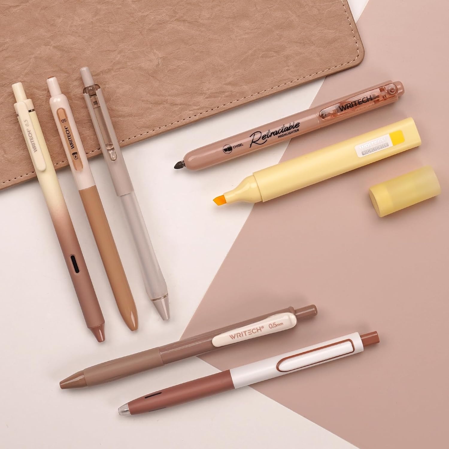 image:imageWRITECH Gel Pens Journaling Highlighters Journal Set Aesthetic Assorted Pastel Color Ink 05mm Fine Point Retractable 07mm Black Pen Smooth Writing Drawing No Bleed 7ct PurpleBrown