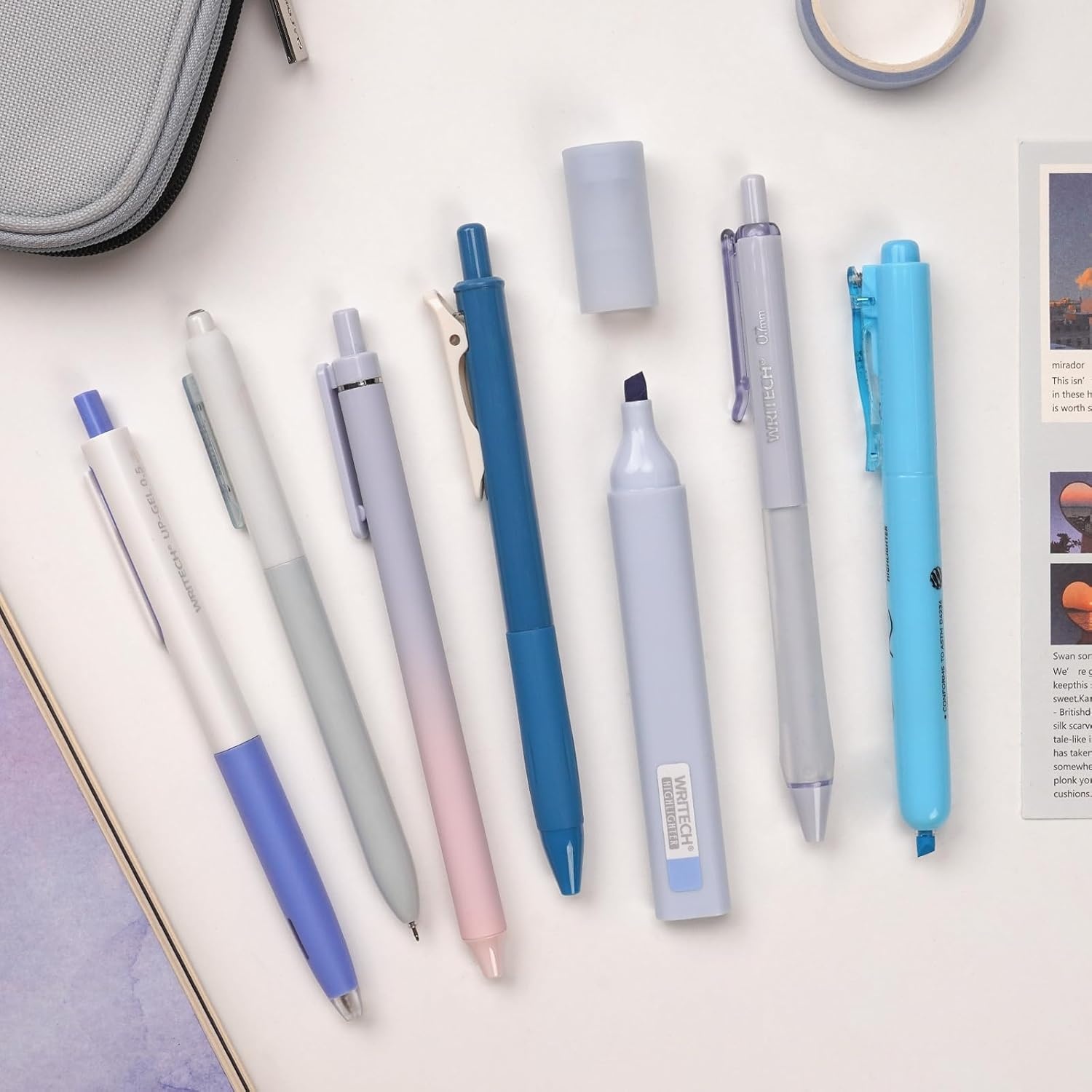 image:imageWRITECH Gel Pens Journaling Highlighters Journal Set Aesthetic Assorted Pastel Color Ink 05mm Fine Point Retractable 07mm Black Pen Smooth Writing Drawing No Bleed 7ct PurpleBlue