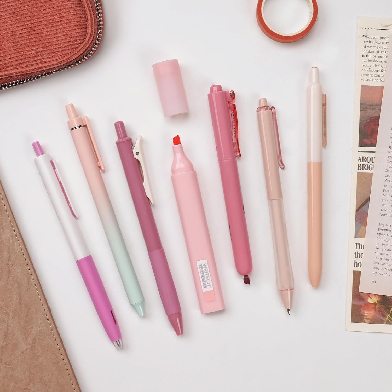 image:imageWRITECH Gel Pens Journaling Highlighters Journal Set Aesthetic Assorted Pastel Color Ink 05mm Fine Point Retractable 07mm Black Pen Smooth Writing Drawing No Bleed 7ct PurplePink