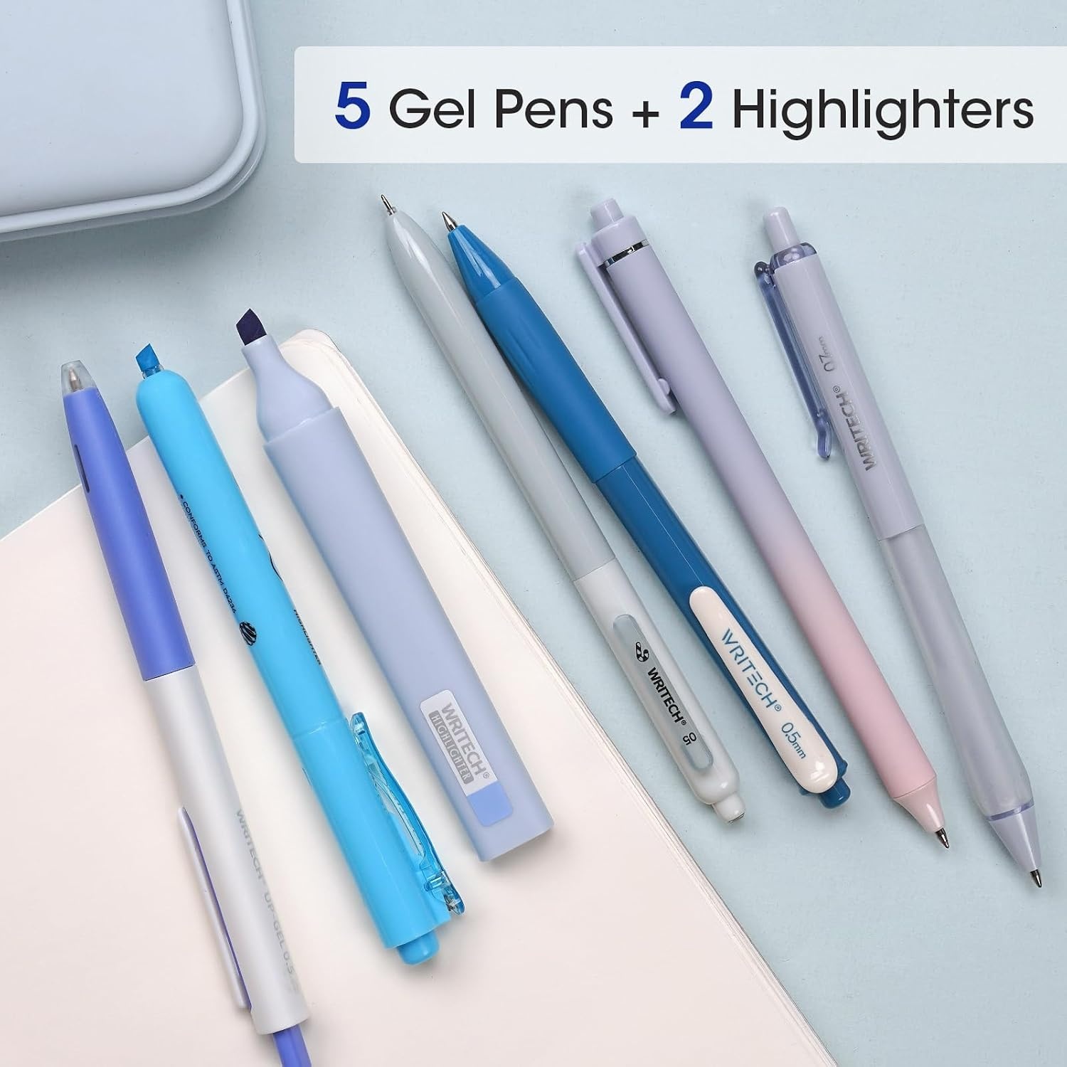 image:imageWRITECH Gel Pens Journaling Highlighters Journal Set Aesthetic Assorted Pastel Color Ink 05mm Fine Point Retractable 07mm Black Pen Smooth Writing Drawing No Bleed 7ct PurpleBlue