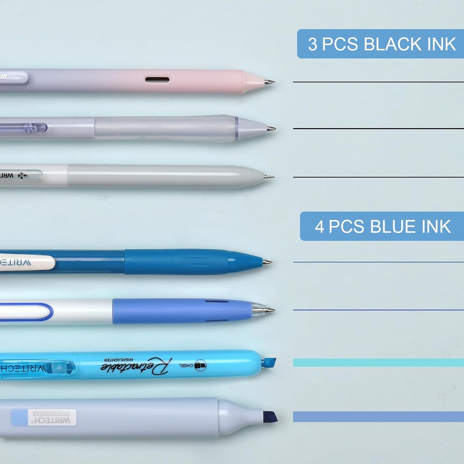 image:imageWRITECH Gel Pens Journaling Highlighters Journal Set Aesthetic Assorted Pastel Color Ink 05mm Fine Point Retractable 07mm Black Pen Smooth Writing Drawing No Bleed 7ct PurpleBlue