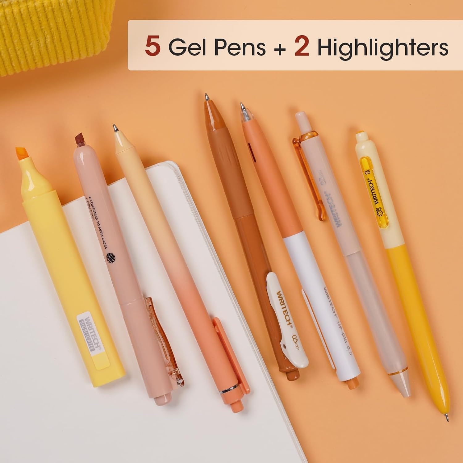 image:imageWRITECH Gel Pens Journaling Highlighters Journal Set Aesthetic Assorted Pastel Color Ink 05mm Fine Point Retractable 07mm Black Pen Smooth Writing Drawing No Bleed 7ct PurpleOrange