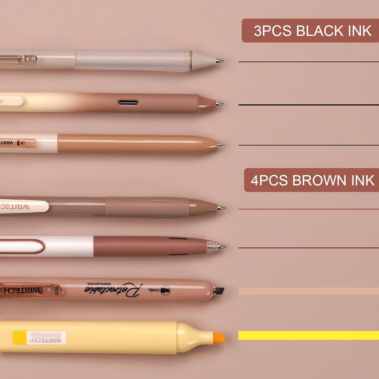 image:imageWRITECH Gel Pens Journaling Highlighters Journal Set Aesthetic Assorted Pastel Color Ink 05mm Fine Point Retractable 07mm Black Pen Smooth Writing Drawing No Bleed 7ct PurpleBrown