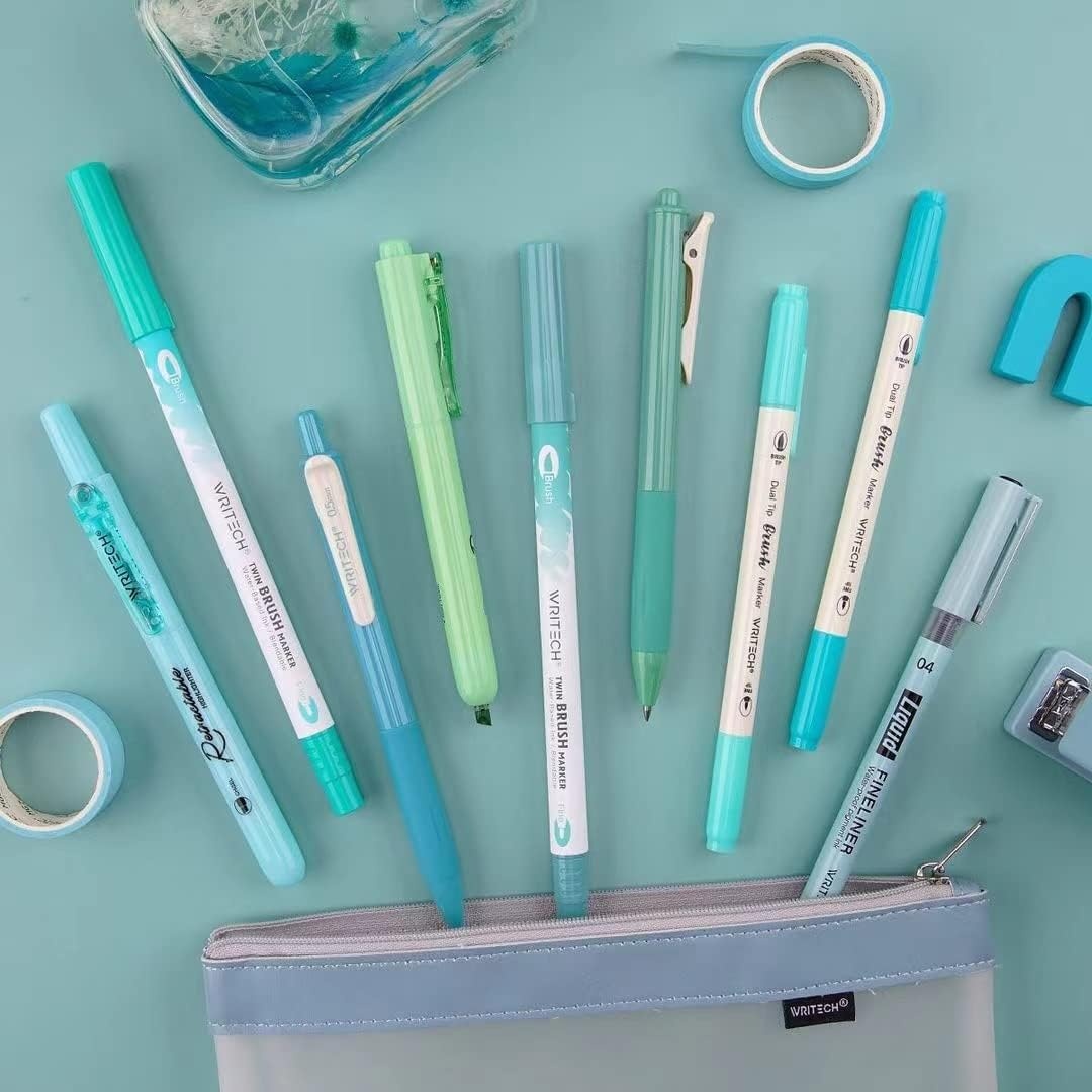 image:imageWRITECH Journaling Kit Gel Ink PensRetractable HighlightersDual Tip Brush PensFineliner Pens Smooth Writing Assorted Colors Journaling Supplies 9 Count with Pen Bag Vitality blue amp greenGreen  Blue