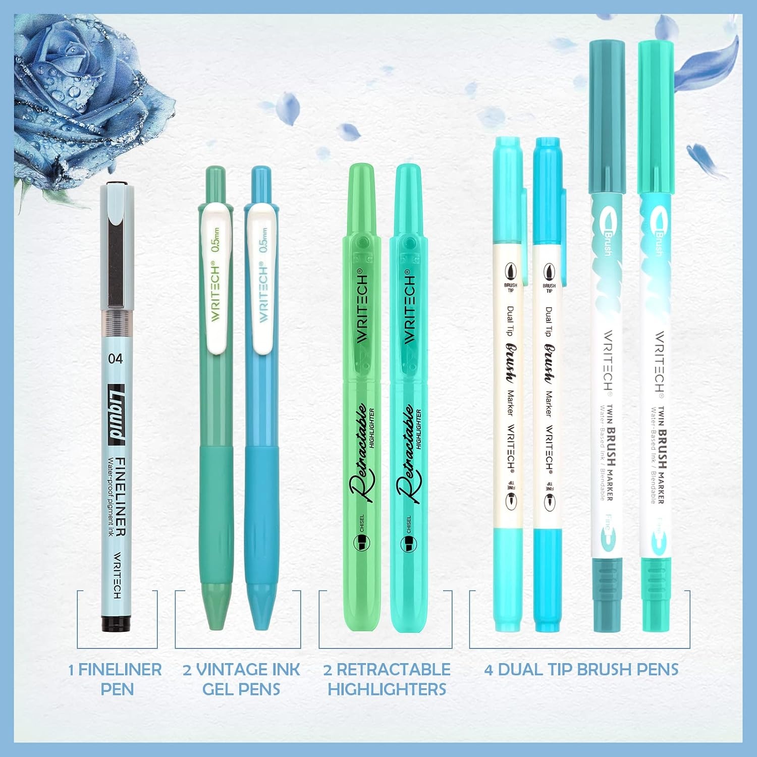 image:imageWRITECH Journaling Kit Gel Ink PensRetractable HighlightersDual Tip Brush PensFineliner Pens Smooth Writing Assorted Colors Journaling Supplies 9 Count with Pen Bag Vitality blue amp greenGreen  Blue