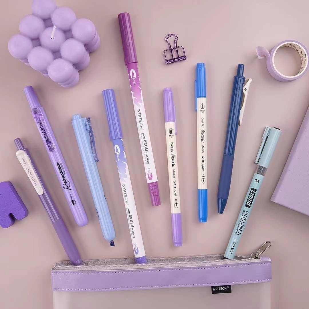 image:imageWRITECH Journaling Kit Gel Ink PensRetractable HighlightersDual Tip Brush PensFineliner Pens Smooth Writing Assorted Colors Journaling Supplies 9 Count with Pen Bag Vitality blue amp greenBlue  Purple