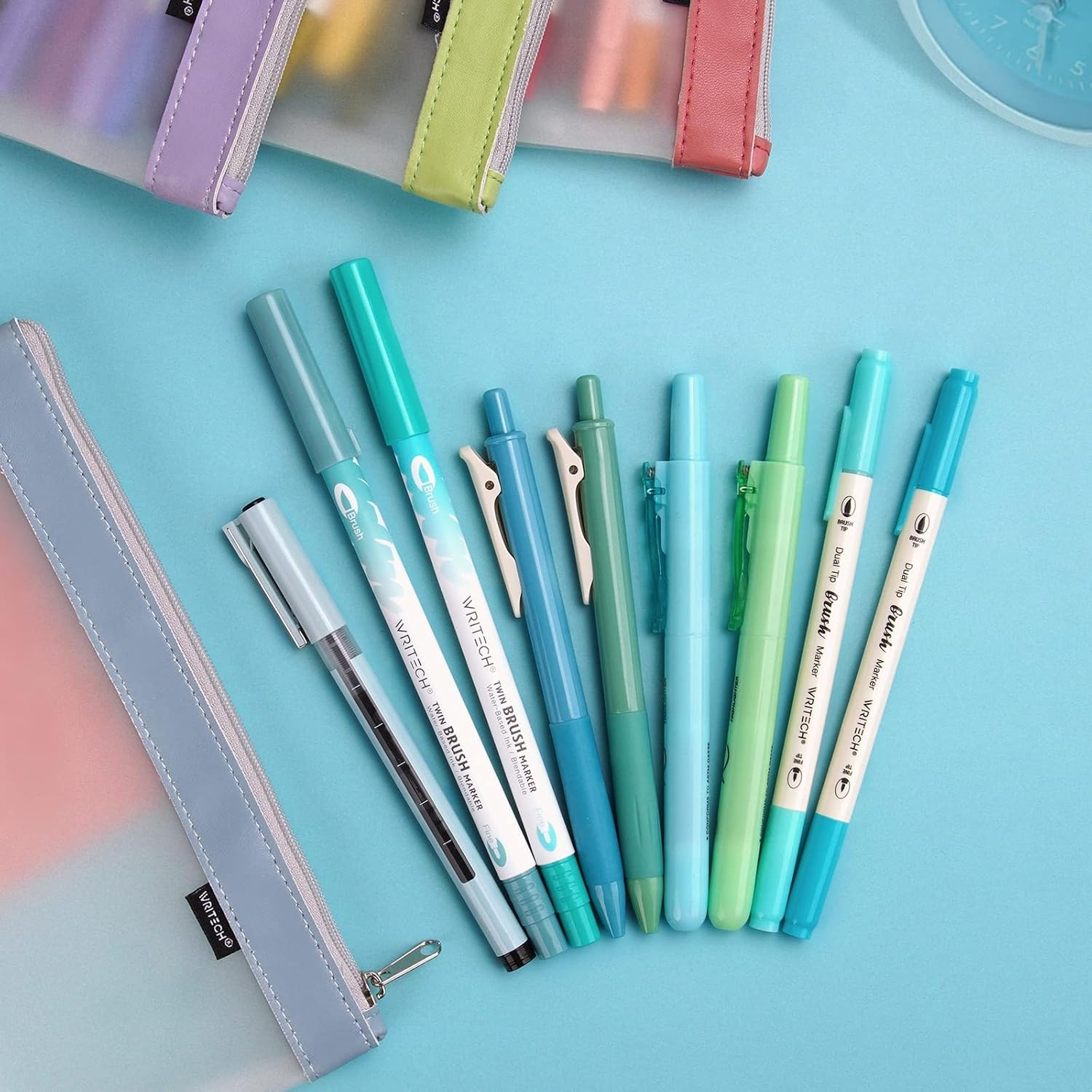 image:imageWRITECH Journaling Kit Gel Ink PensRetractable HighlightersDual Tip Brush PensFineliner Pens Smooth Writing Assorted Colors Journaling Supplies 9 Count with Pen Bag Vitality blue amp greenGreen  Blue