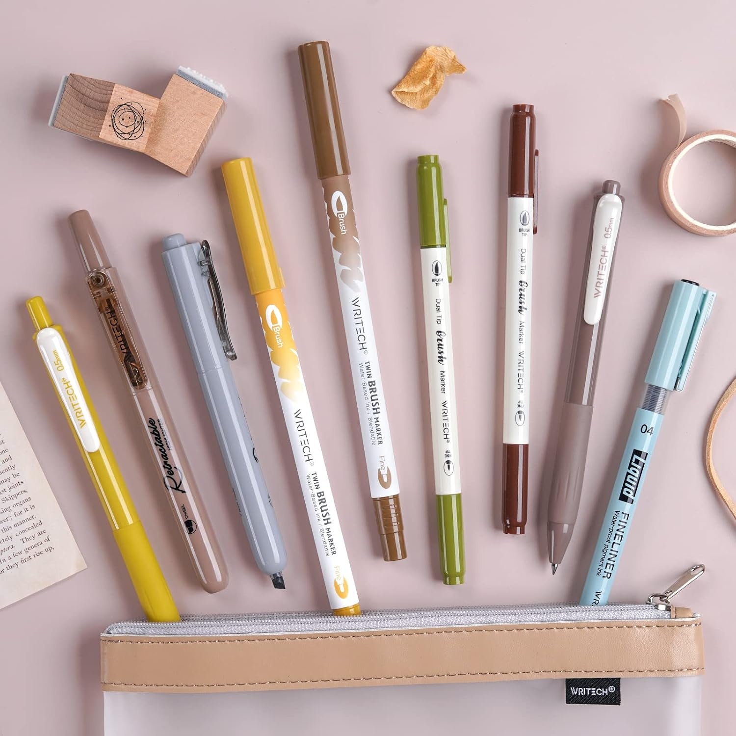 image:imageWRITECH Journaling Kit Gel Ink PensRetractable HighlightersDual Tip Brush PensFineliner Pens Smooth Writing Assorted Colors Journaling Supplies 9 Count with Pen Bag Vitality blue amp greenEarth Tone