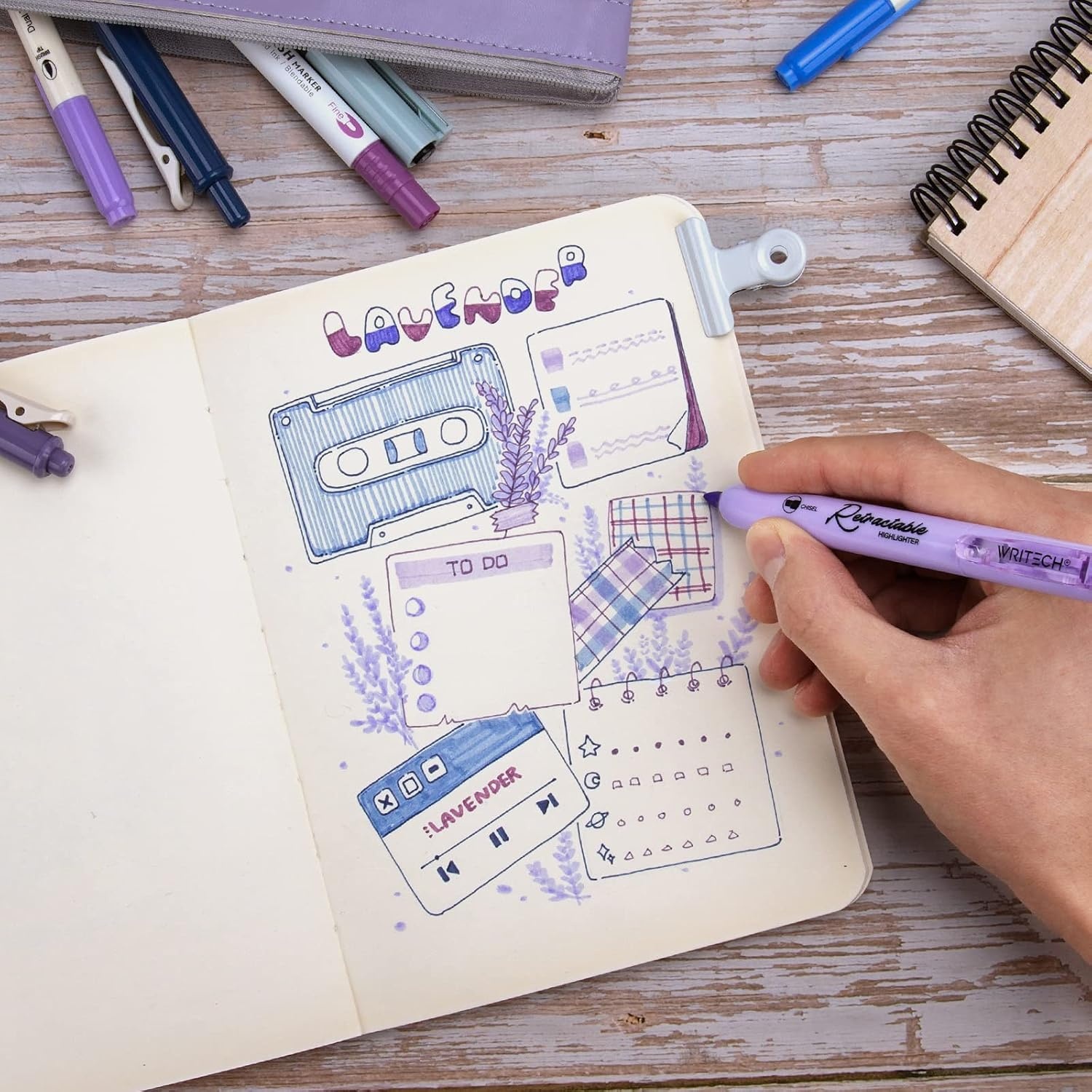 image:imageWRITECH Journaling Kit Gel Ink PensRetractable HighlightersDual Tip Brush PensFineliner Pens Smooth Writing Assorted Colors Journaling Supplies 9 Count with Pen Bag Vitality blue amp greenBlue  Purple