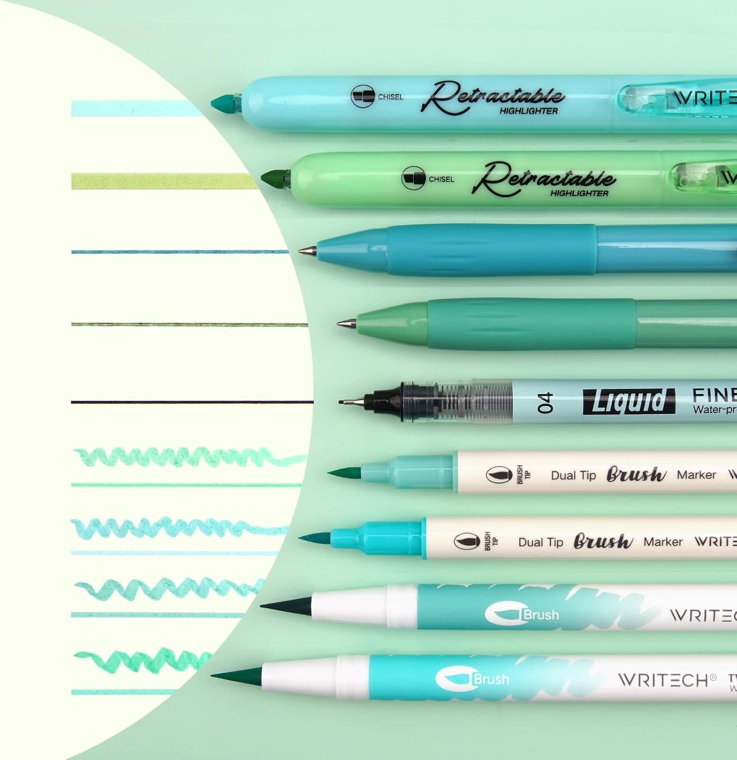 image:imageWRITECH Journaling Kit Gel Ink PensRetractable HighlightersDual Tip Brush PensFineliner Pens Smooth Writing Assorted Colors Journaling Supplies 9 Count with Pen Bag Vitality blue amp greenGreen  Blue