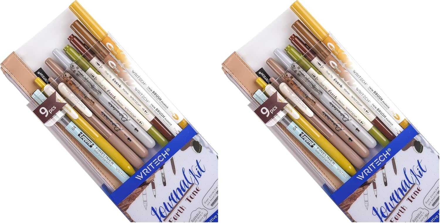 image:imageWRITECH Journaling Kit Gel Ink PensRetractable HighlightersDual Tip Brush PensFineliner Pens Smooth Writing Assorted Colors Journaling Supplies 9 Count with Pen Bag Vitality blue amp greenEarth Tone