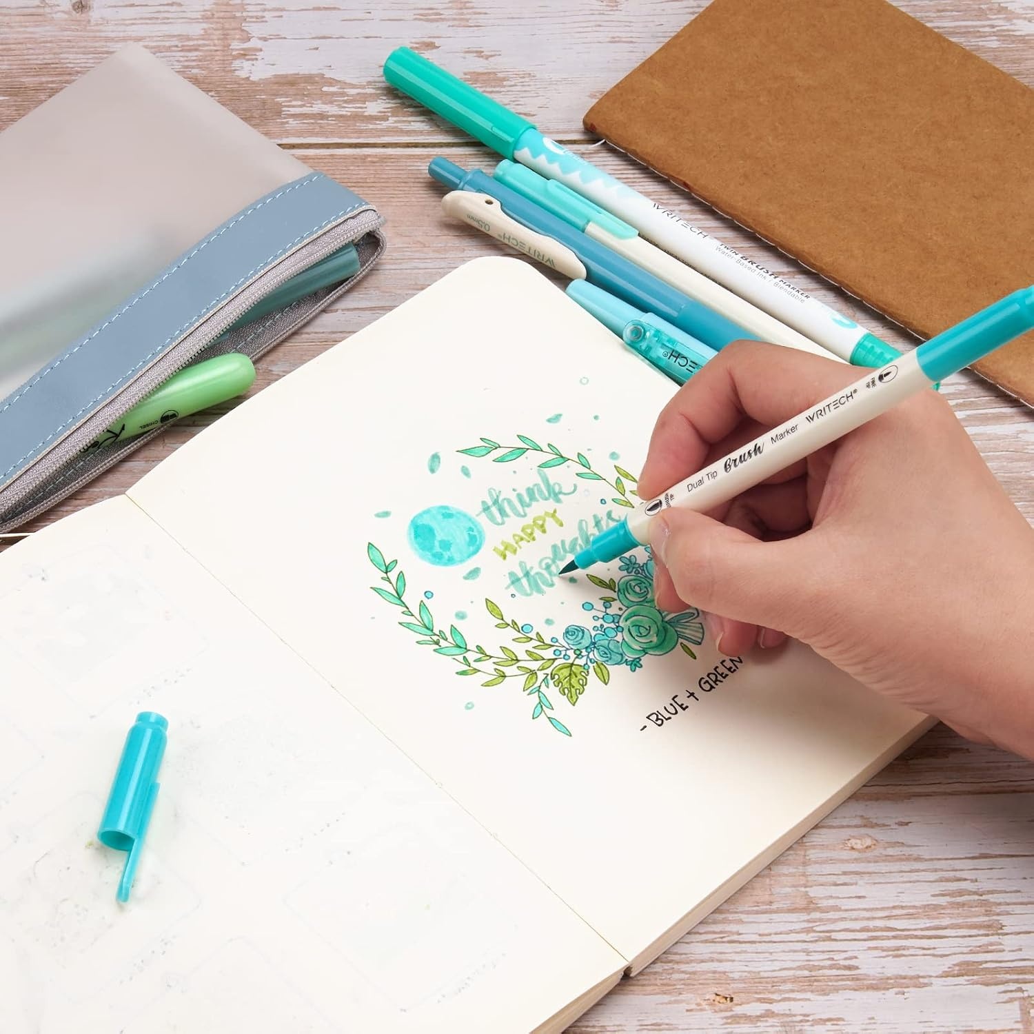 image:imageWRITECH Journaling Kit Gel Ink PensRetractable HighlightersDual Tip Brush PensFineliner Pens Smooth Writing Assorted Colors Journaling Supplies 9 Count with Pen Bag Vitality blue amp greenGreen  Blue