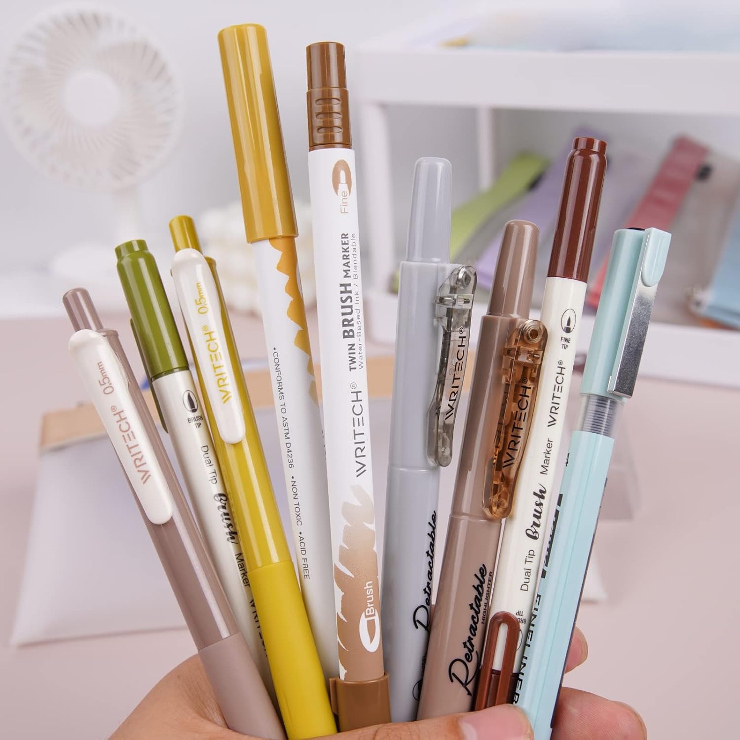 image:imageWRITECH Journaling Kit Gel Ink PensRetractable HighlightersDual Tip Brush PensFineliner Pens Smooth Writing Assorted Colors Journaling Supplies 9 Count with Pen Bag Vitality blue amp greenEarth Tone