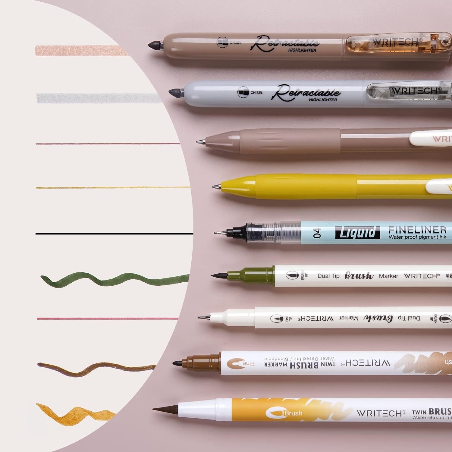 image:imageWRITECH Journaling Kit Gel Ink PensRetractable HighlightersDual Tip Brush PensFineliner Pens Smooth Writing Assorted Colors Journaling Supplies 9 Count with Pen Bag Vitality blue amp greenEarth Tone