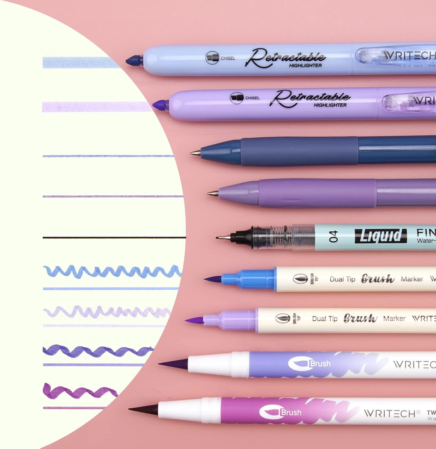 image:imageWRITECH Journaling Kit Gel Ink PensRetractable HighlightersDual Tip Brush PensFineliner Pens Smooth Writing Assorted Colors Journaling Supplies 9 Count with Pen Bag Vitality blue amp greenBlue  Purple