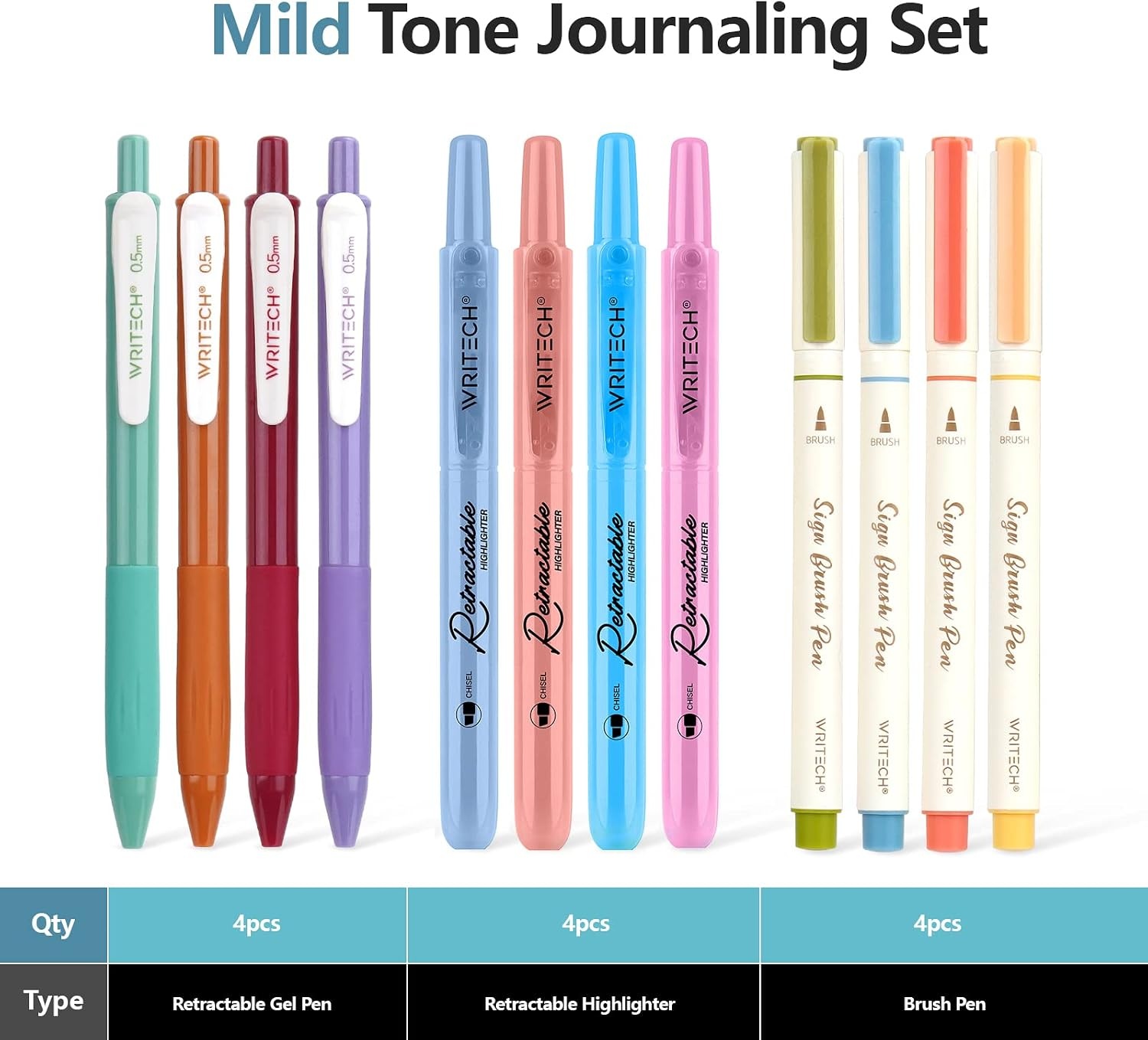 image:imageWRITECH Journaling Pens Set Includes 4 Retractable Highlighters 4 Retractable Gel Ink Pens and 4 Brush Pens No Bleed Assorted Colors 12Count Mild SetMild