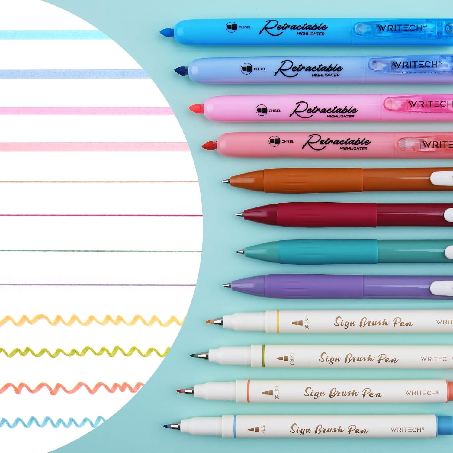 image:imageWRITECH Journaling Pens Set Includes 4 Retractable Highlighters 4 Retractable Gel Ink Pens and 4 Brush Pens No Bleed Assorted Colors 12Count Mild SetMild