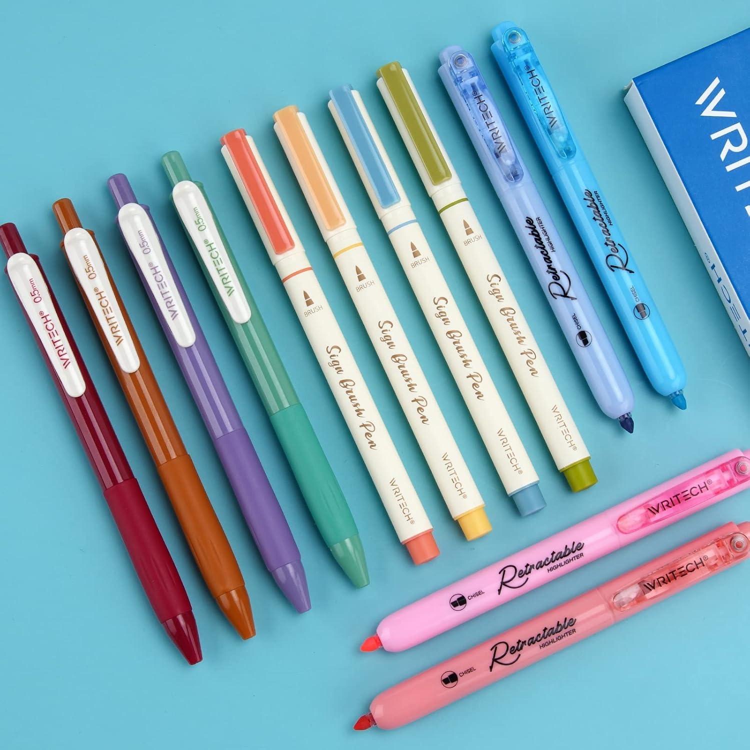 image:imageWRITECH Journaling Pens Set Includes 4 Retractable Highlighters 4 Retractable Gel Ink Pens and 4 Brush Pens No Bleed Assorted Colors 12Count Mild SetMild