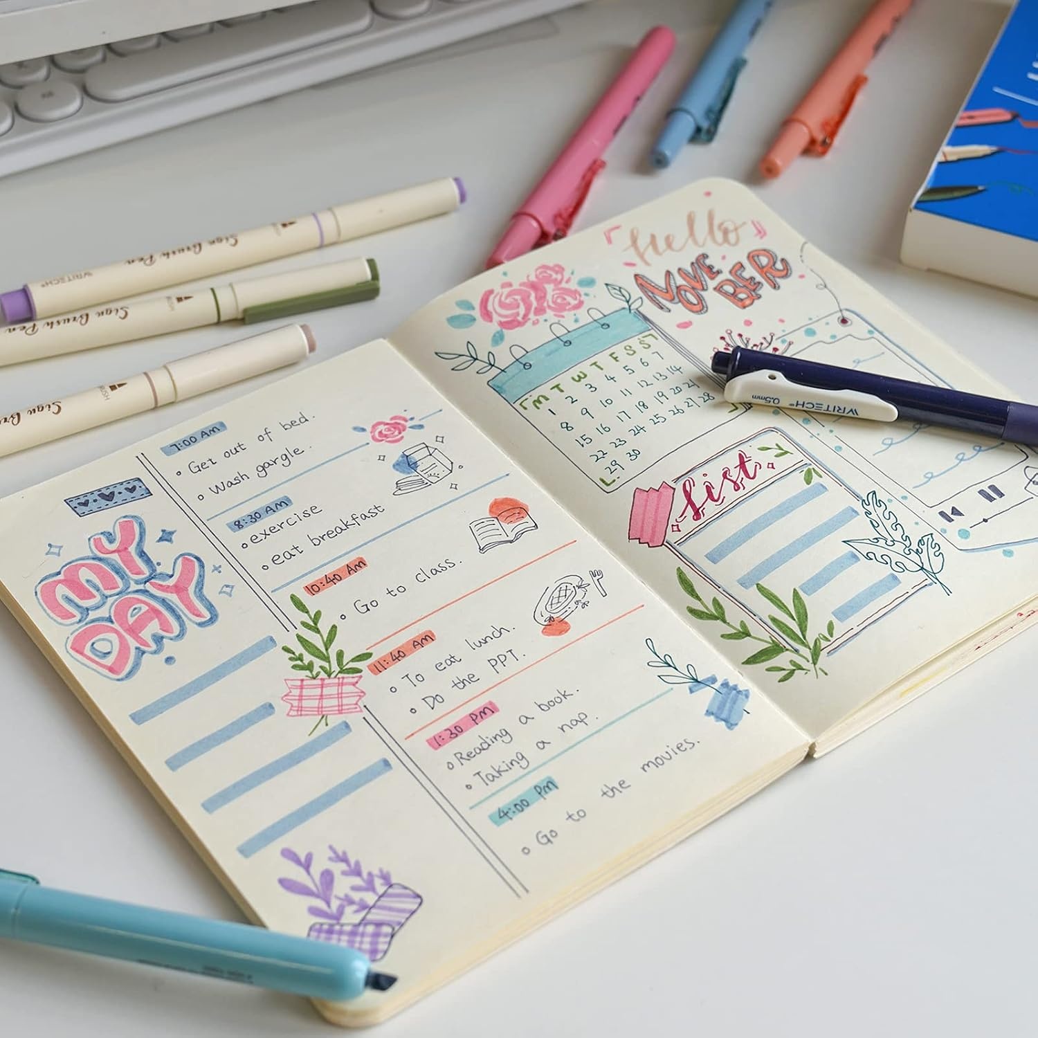 image:imageWRITECH Journaling Pens Set Includes 4 Retractable Highlighters 4 Retractable Gel Ink Pens and 4 Brush Pens No Bleed Assorted Colors 12Count Mild SetVintage