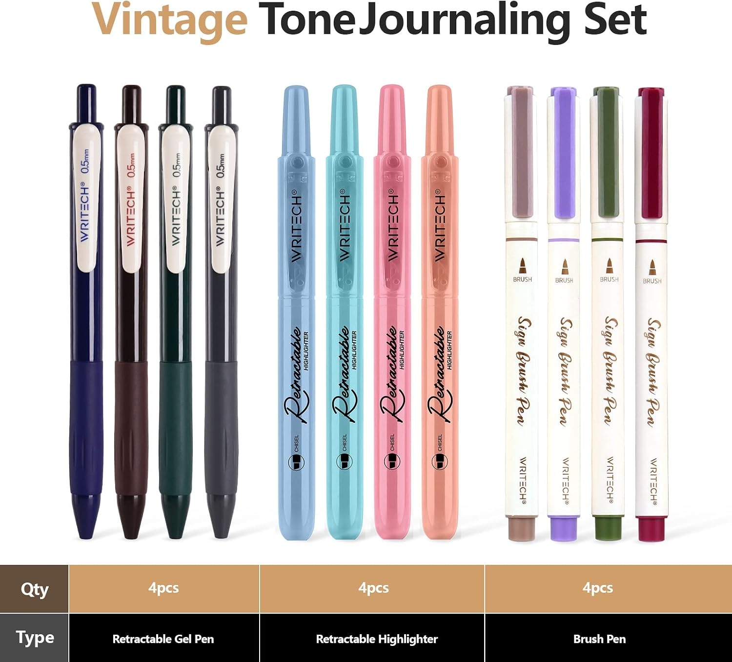 image:imageWRITECH Journaling Pens Set Includes 4 Retractable Highlighters 4 Retractable Gel Ink Pens and 4 Brush Pens No Bleed Assorted Colors 12Count Mild SetVintage
