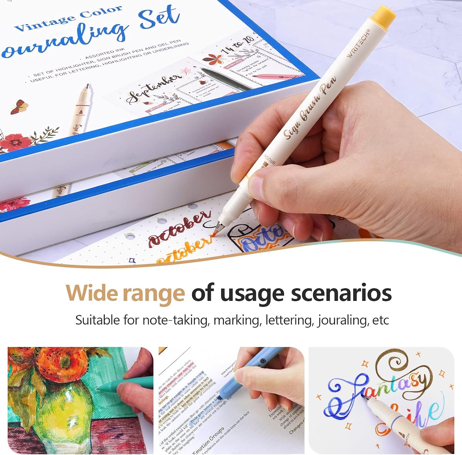image:imageWRITECH Journaling Pens Set Includes 4 Retractable Highlighters 4 Retractable Gel Ink Pens and 4 Brush Pens No Bleed Assorted Colors 12Count Mild SetVintage