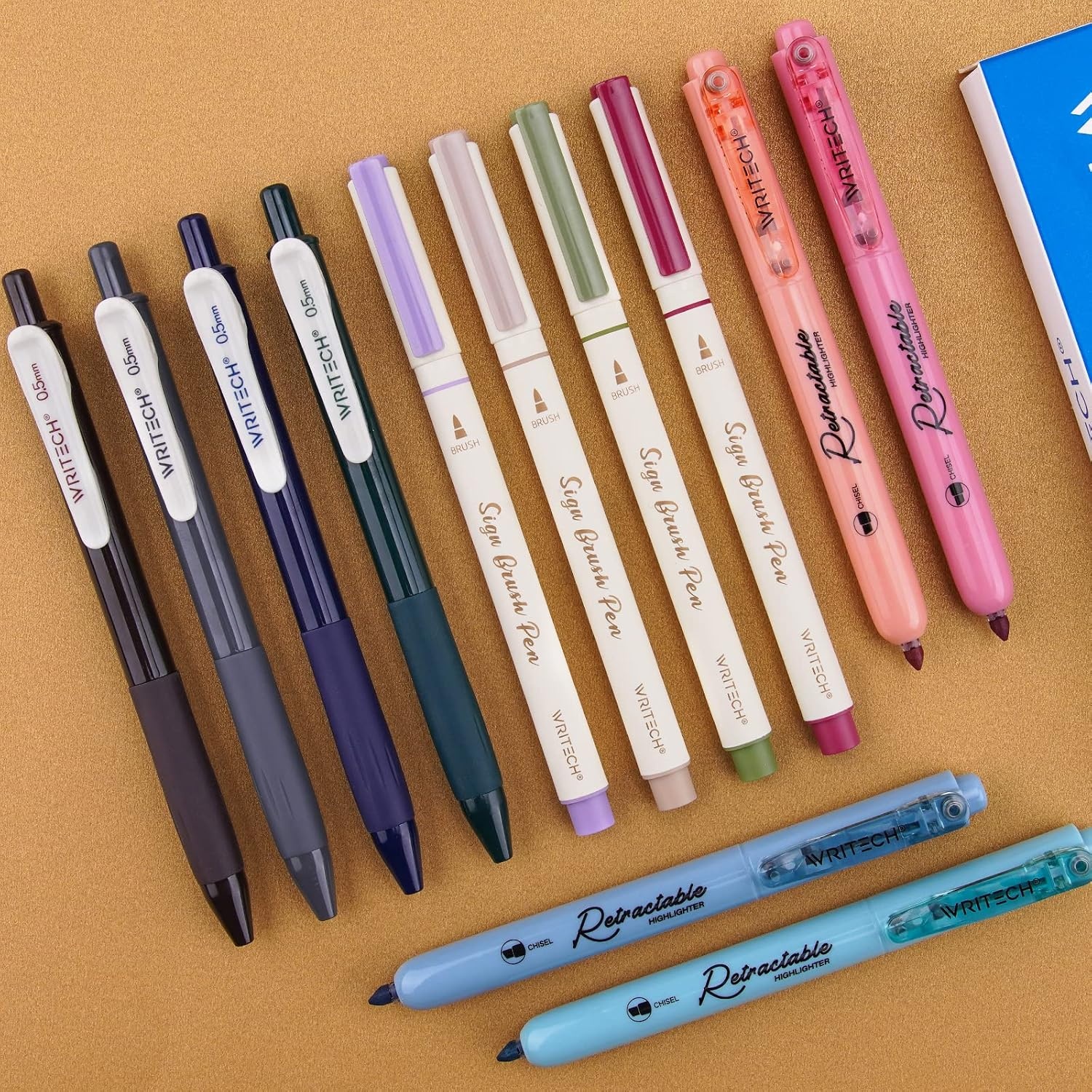 image:imageWRITECH Journaling Pens Set Includes 4 Retractable Highlighters 4 Retractable Gel Ink Pens and 4 Brush Pens No Bleed Assorted Colors 12Count Mild SetVintage