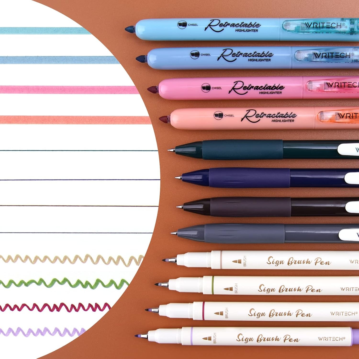 image:imageWRITECH Journaling Pens Set Includes 4 Retractable Highlighters 4 Retractable Gel Ink Pens and 4 Brush Pens No Bleed Assorted Colors 12Count Mild SetVintage