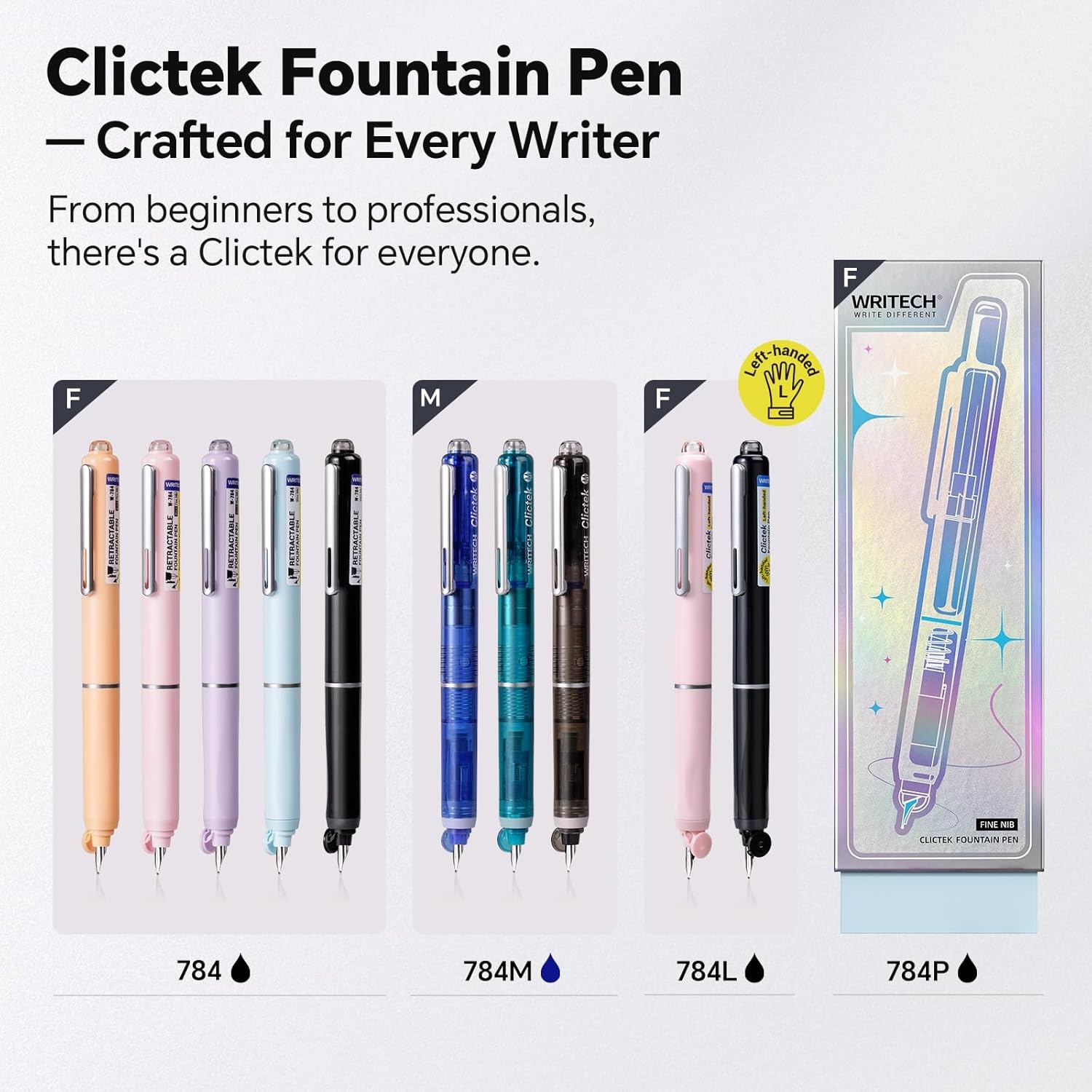image:imageWRITECH Left Handed Fountain Pen Fine Nib Retractable Style Black Ink Set Includes 5 Ink Cartridges Smooth Writing for Calligraphy Journaling Office GiftPink