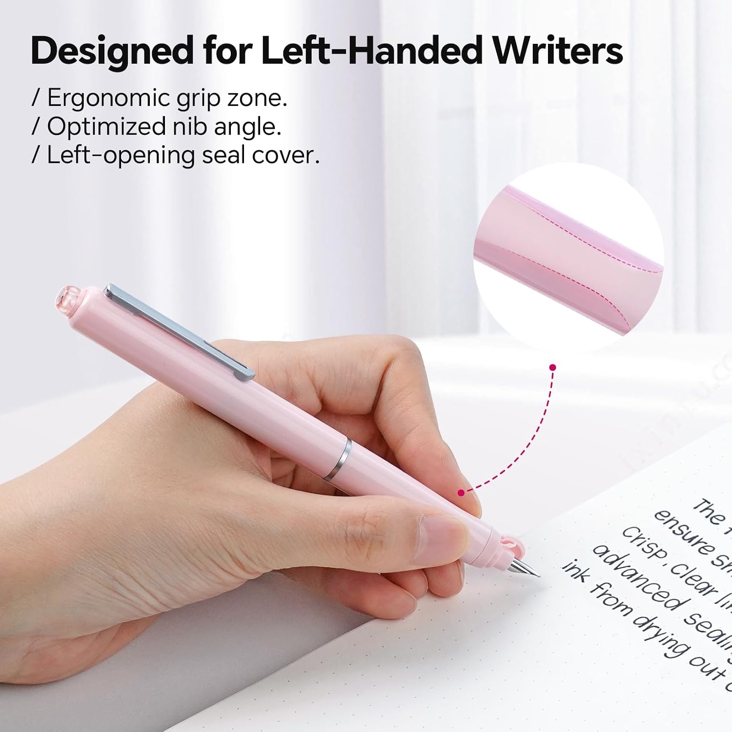 image:imageWRITECH Left Handed Fountain Pen Fine Nib Retractable Style Black Ink Set Includes 5 Ink Cartridges Smooth Writing for Calligraphy Journaling Office GiftPink